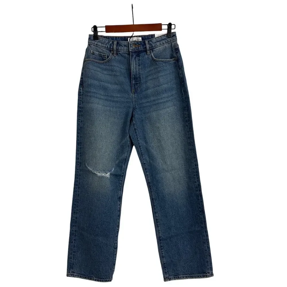 NWT LOFT Jeans Straight Curvy Casual Capsule Blue Distressed Denim Size 2 | 26